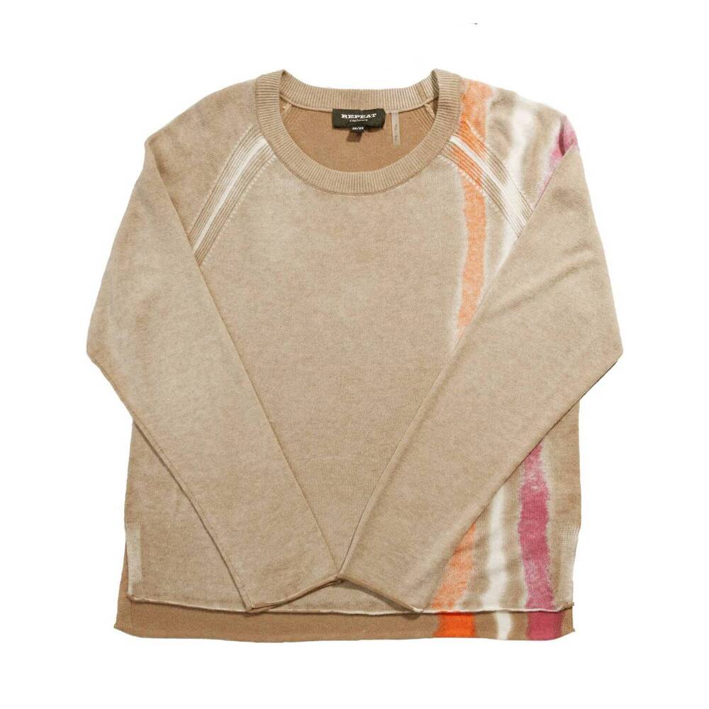 NEW REPEAT CASHMERE women's cashmere printed stripe pullover sweater in tan